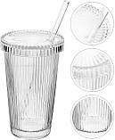 Набір склянок з ребристого скла з кришкою і трубочкою для коктейлів, айс кави - Vintage 375 мл 2 шт, фото 2