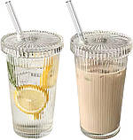 Набір склянок з ребристого скла з кришкою і трубочкою для коктейлів, айс кави - Vintage 375 мл 2 шт, фото 7