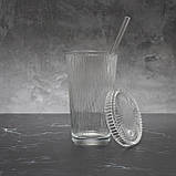 Набір склянок з ребристого скла з кришкою і трубочкою для коктейлів, айс кави - Vintage 375 мл 2 шт, фото 9