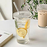 Набір склянок з ребристого скла з кришкою і трубочкою для коктейлів, айс кави - Vintage 375 мл 2 шт, фото 10