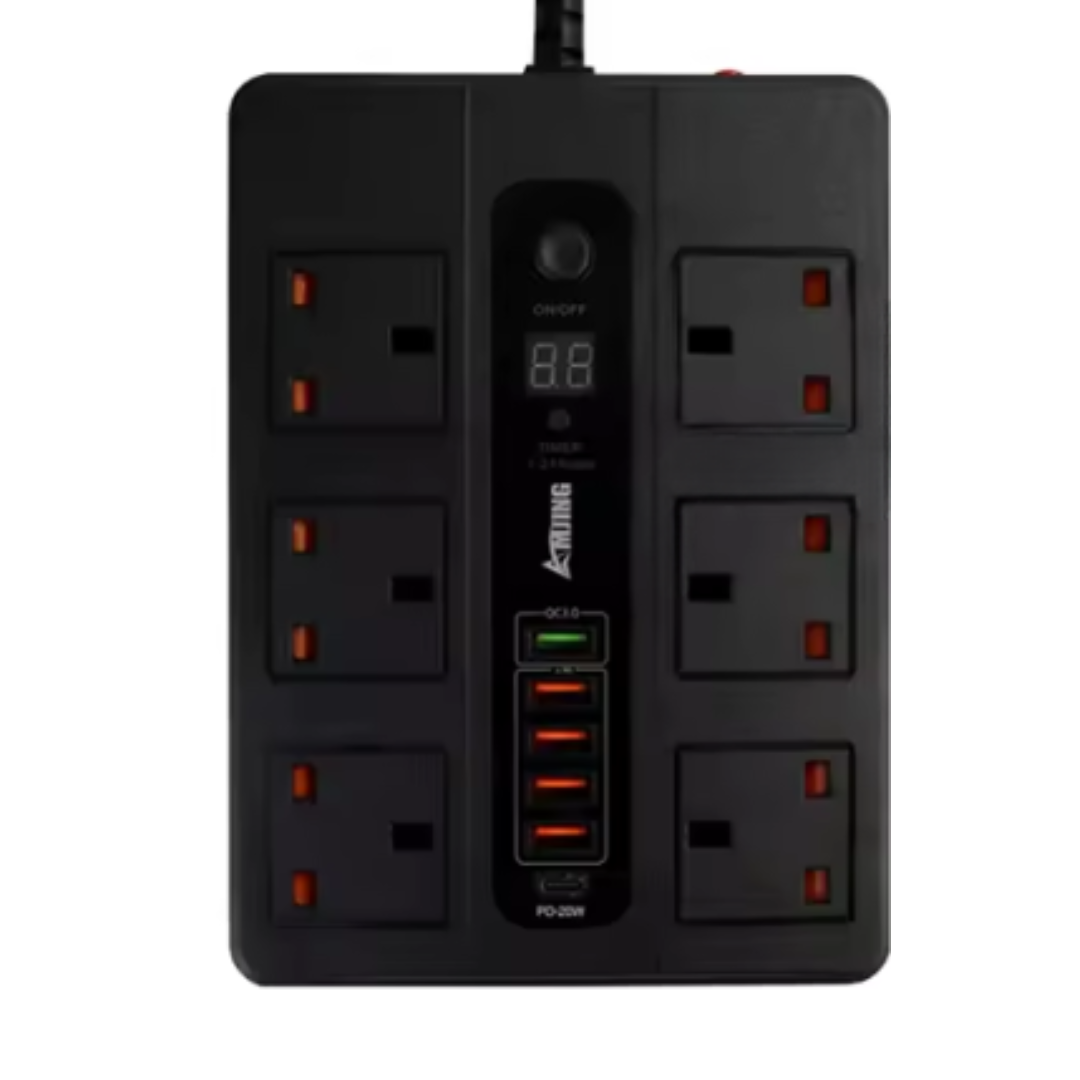 Мережевий фільтр BKL-11 з функцією таймера на 6 розеток 10 А 250 V + 1 PD20W + 1 QC 3.0 + 4 USB, чорний