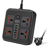 Мережевий фільтр BKL-666 1 QC3.0 + 1 PD20W+ 5 USB,100-250V, 10 А,4 розетки, чорний, фото 5