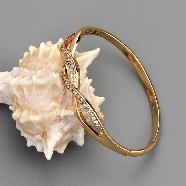 Жорсткий браслет Хвиля 45215 ширина 10 мм білі фіаніти позолота 18К довжина 15-18, фото 1