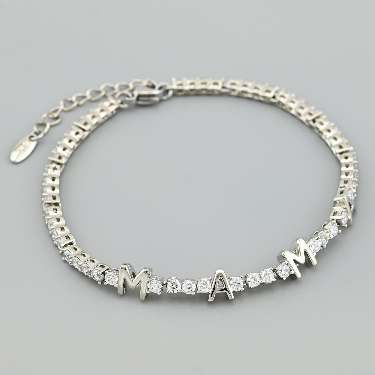 Браслет Мама 45917 ширина 2.5 мм білі фіаніти позолота Біле Золото довжина 17+3, фото 1