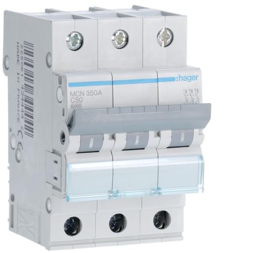 Автоматичний вимикач In=50 А, 3п, С, 6 kA, 3м Hager  (MCN350)