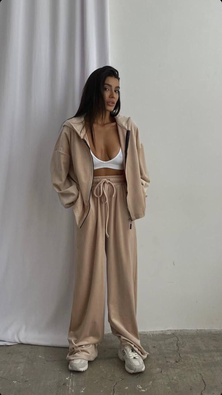 Спортивний велюровий костюм, оверсайз кофта з широкими штанами з високою посадкою, фото 1