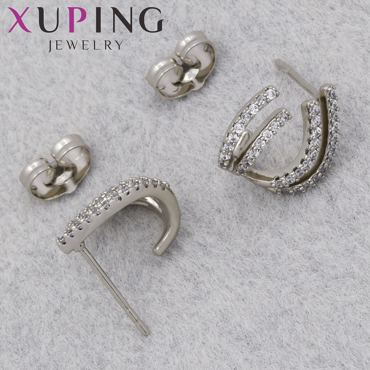 Серьги женские позолота фирма Xuping Jewelry родий гвоздики пуссеты с белыми стразами размер 15х13 мм