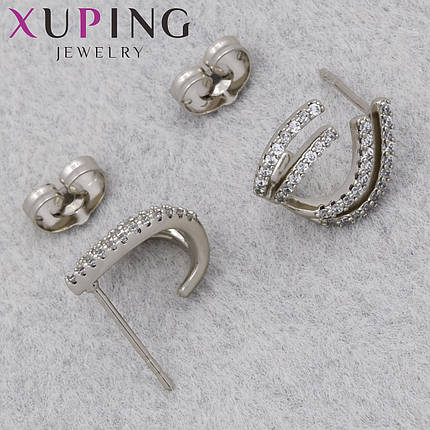 Серьги женские позолота фирма Xuping Jewelry родий гвоздики пуссеты с белыми стразами размер 15х13 мм, фото 1
