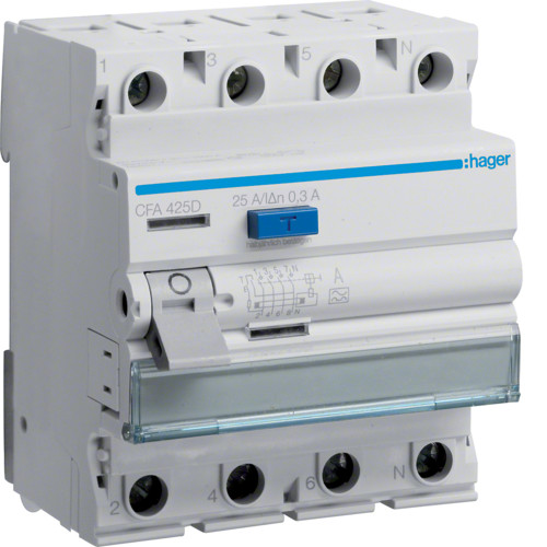 Диференціальне реле (ПЗВ) 4x25 A, 300 mA, A, 4м Hager (CFA425D)