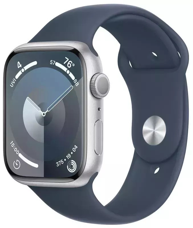 Apple Watch Series 9 45mm Silver Aluminum Case with Storm Blue Sport Band M/L (MR9E3)