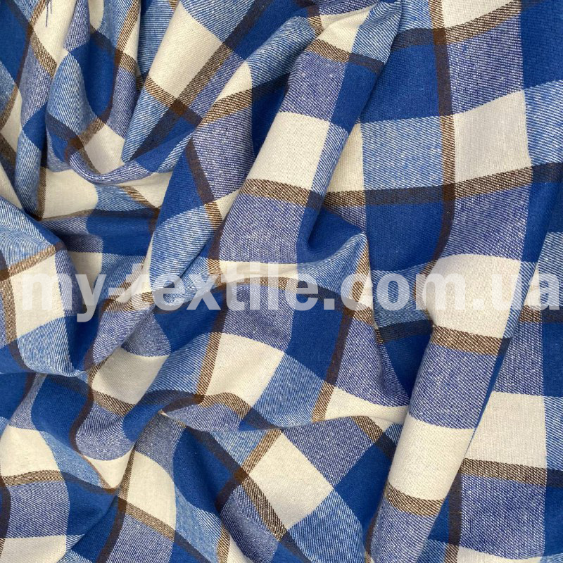 Сорочкова тканина Байка клітина Фланель 220 grm Блакитний коричневий з білим, фото 1