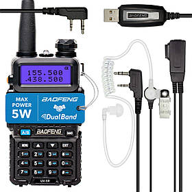 Комплект Рація Baofeng UV-5R 5 Вт, Li-ion 1800 маг + USB кабель PL2303 + Гарнітура EMP-3967
