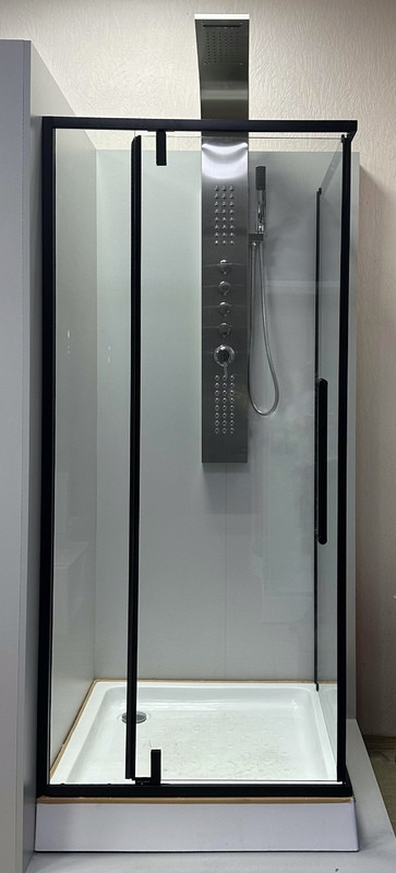 Душова кабіна Veronis KN-16-09 90х90х204 см на низькому піддоні чорна прозоре скло розпашні двері