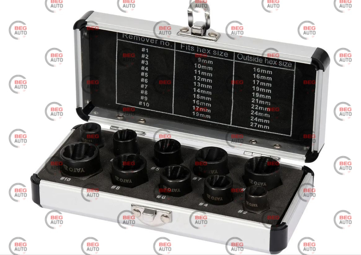 Набір торцевих головок для пошкоджених гайок 3/8 9-19мм, 10шт (метал кейс) (Yato)