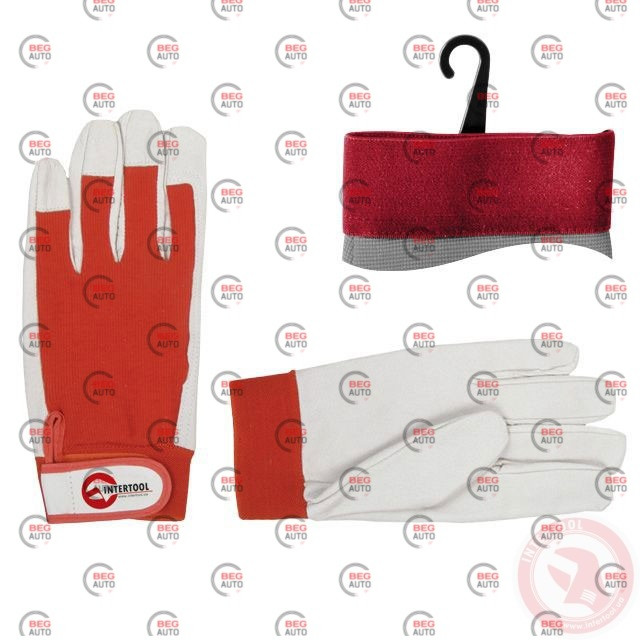 Рукавички 25см шкіра долоня + бавовняна тил., біло-червоні, манжет на липучці (Intertool)