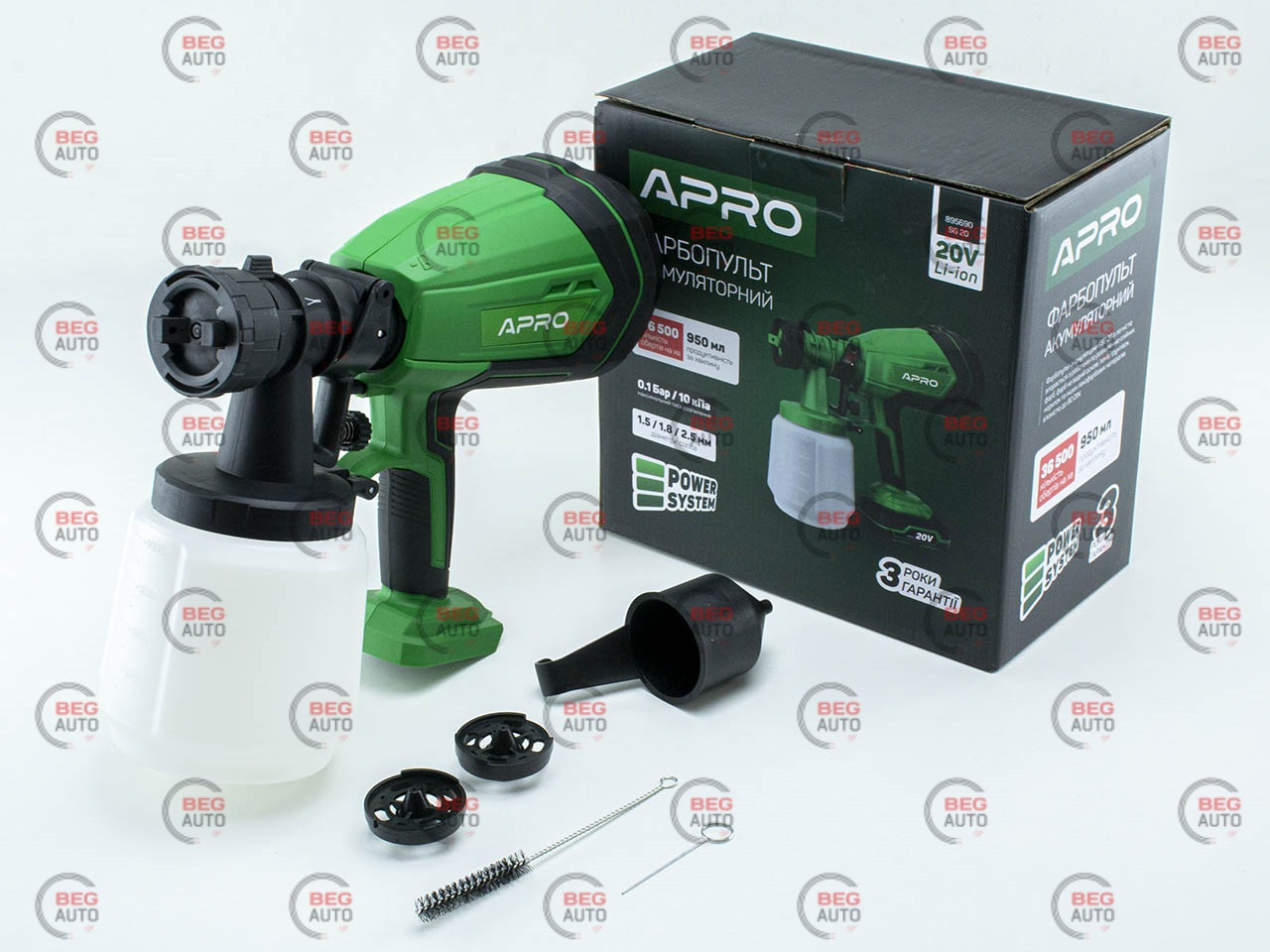 Пістолет фарбувальний акумуляторний 20В d-1.5, 1.8, 2.5, 950 мл/хв, без АКБ та ЗУ (APRO)