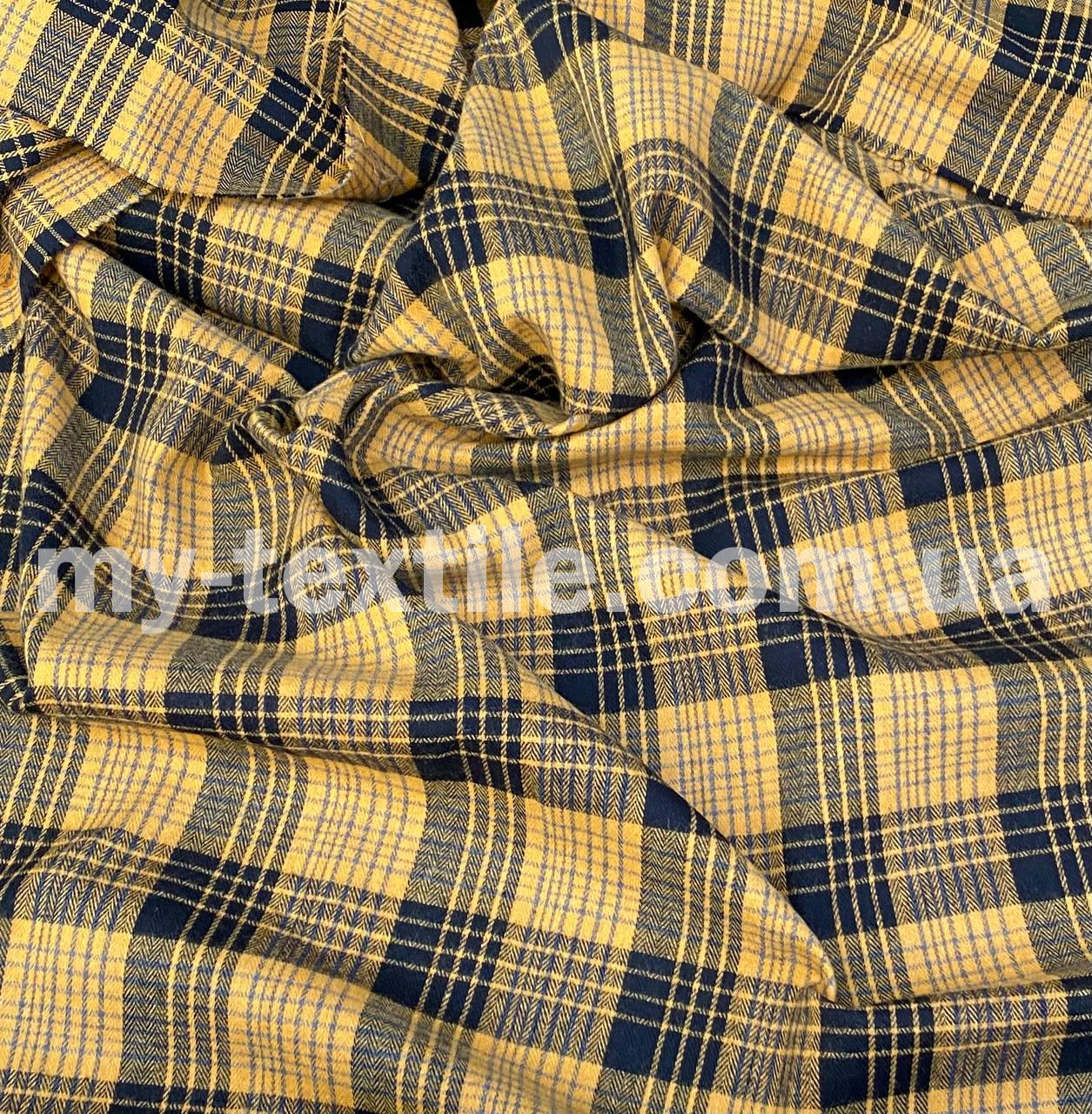 Рубашечная ткань Байка клетка Фланель 220 grm Гірчичний з темно-синім, фото 1