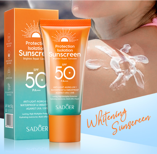 Водостійкий сонцезахисний крем для обличчя та тіла з SPF 50+ PA+++ Sadoer, 50 г