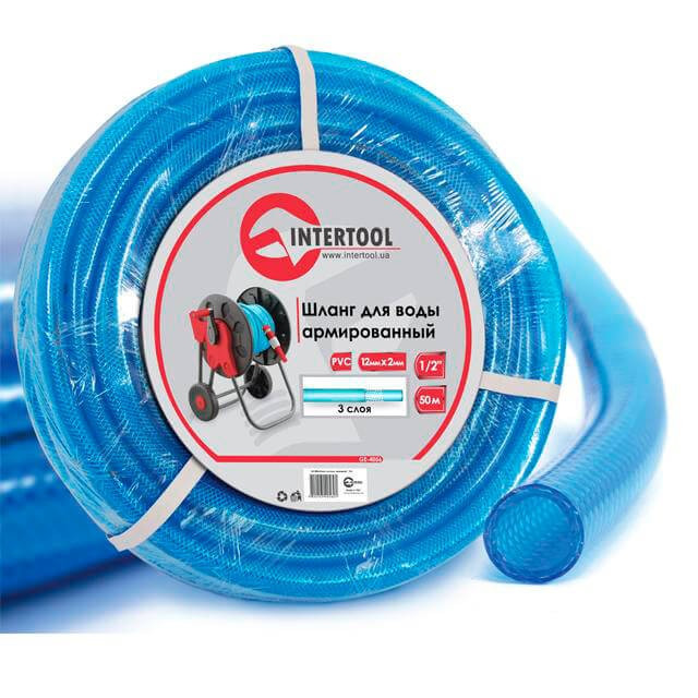 Шланг для води тришаровий, синій, 1/2", 50 м, армований, PVC INTERTOOL GE-4056 ptor
