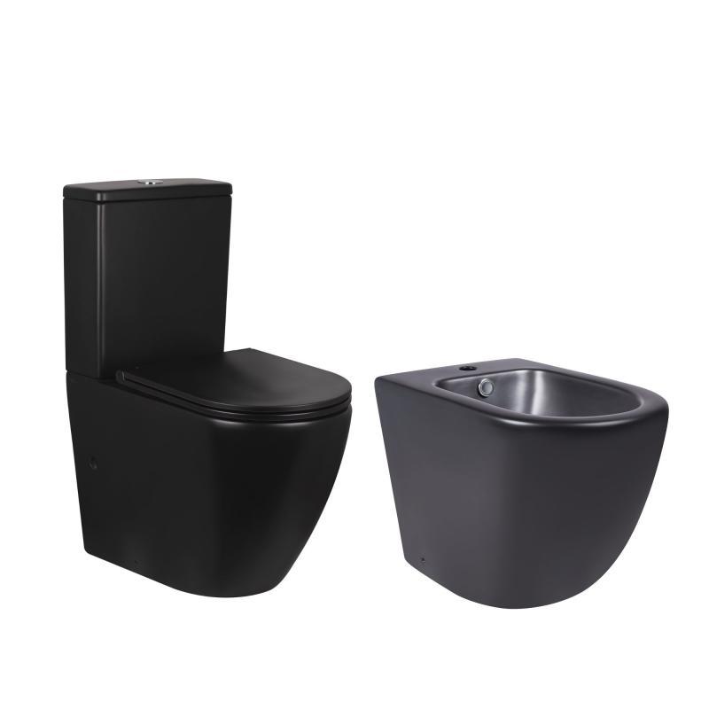 Комплект Qtap Robin Matt Black 2 в 1: унітаз підлоговий Rimless QT13222141ARMB + біде підлогове QT13442141CMB, фото 1
