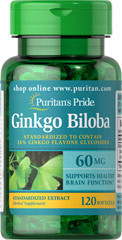 Puritans Pride Ginkgo Biloba Standardized Extract 60 mg 120 softgels