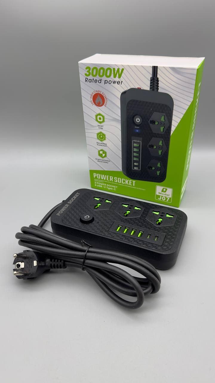 Мережевий фільтр J07 3000 W (3*220V+4USB+2*Type-C)
