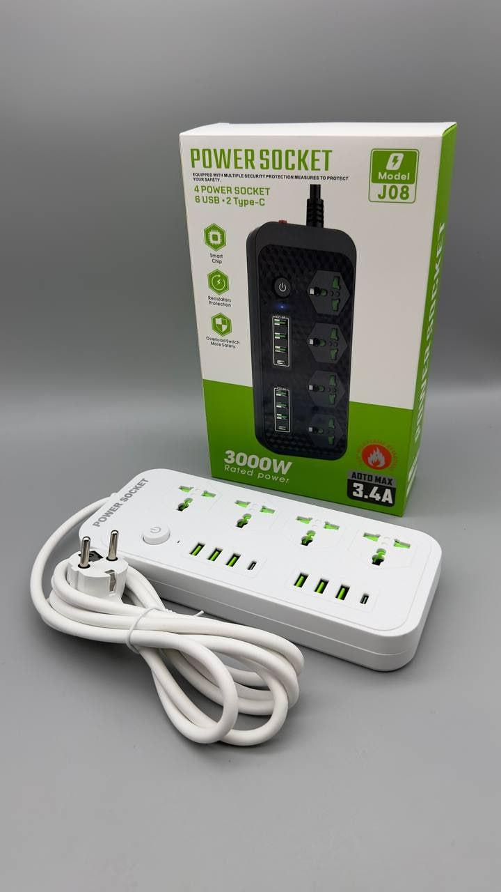 Мережевий фільтр J08 3000 W (4*220V+6USB+2*Type-C)