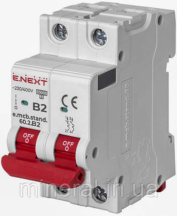Автоматичний вимикач 2р, 2А, B, 6кА, AC 230/400, на DIN-рейку , E.NEXT, (s001133), фото 1
