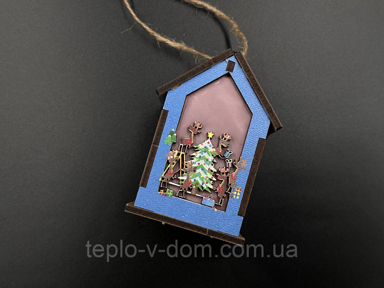 Дерев'яні новорічні іграшки з підсвічуванням 85х55х55мм. Хатинка синя