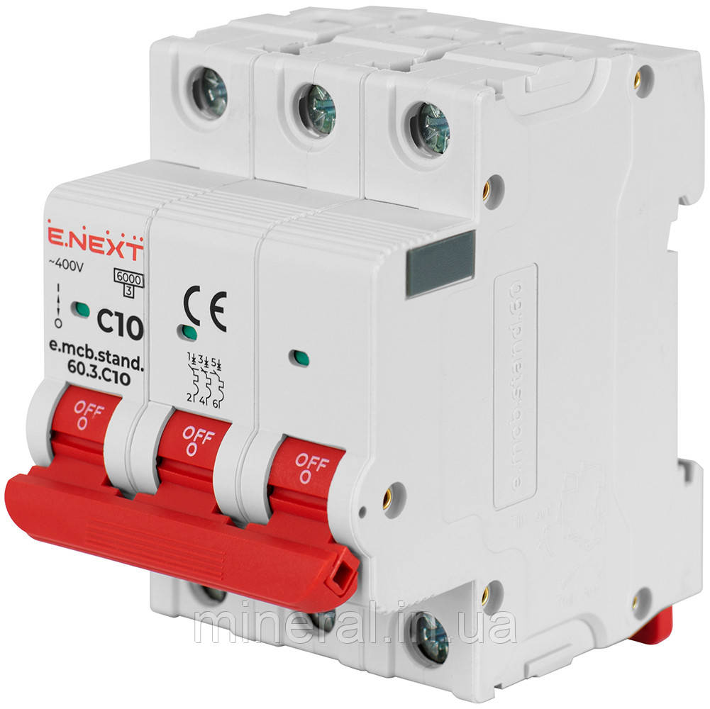 Автоматичний вимикач 3р, 10А, C, 6кА, AC 230/400, на DIN-рейку , E.NEXT, (s002130)