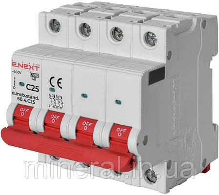 Автоматичний вимикач 4р, 25А, C, 6кА, AC 230/400, на DIN-рейку , E.NEXT, (s002149), фото 1