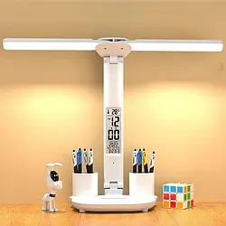 Світлодіодна настільна подвійна акумуляторна лампа з термометром, годинником, календарем, тримачами для ручок