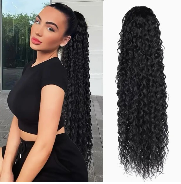 Шиньон накдадний хвіст для волосся кучерявий зі термоволокна волокна довгий 71 см з можливістю регулювання, фото 1