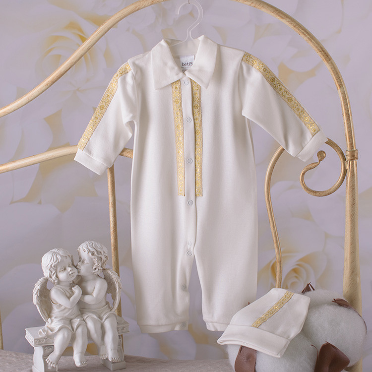 Комплект для хрещення "Тимофій-1" інтерлок зріст 68 см (3 – 6 місяців) Betis Молочний із золотим, фото 1