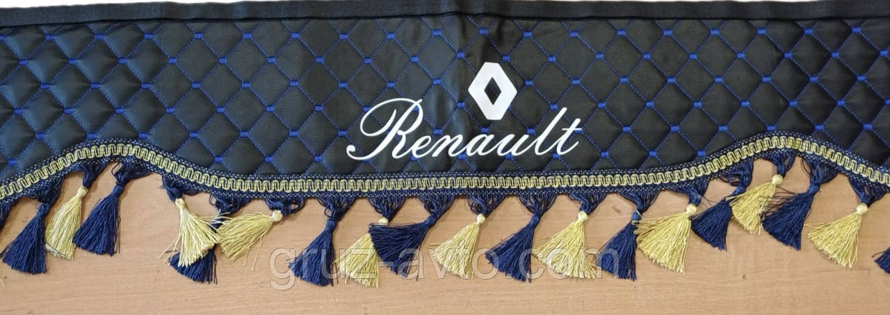 Штори в кабіну Рено RENAULT екокожа лобове скло-1 і бічні-2 колір чорний з синім рядком