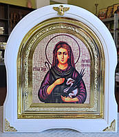 Икона именная Святая Мученица Регина в белом арочном киоте под стеклом, размер киота 28*25, сюжет 15*18.
