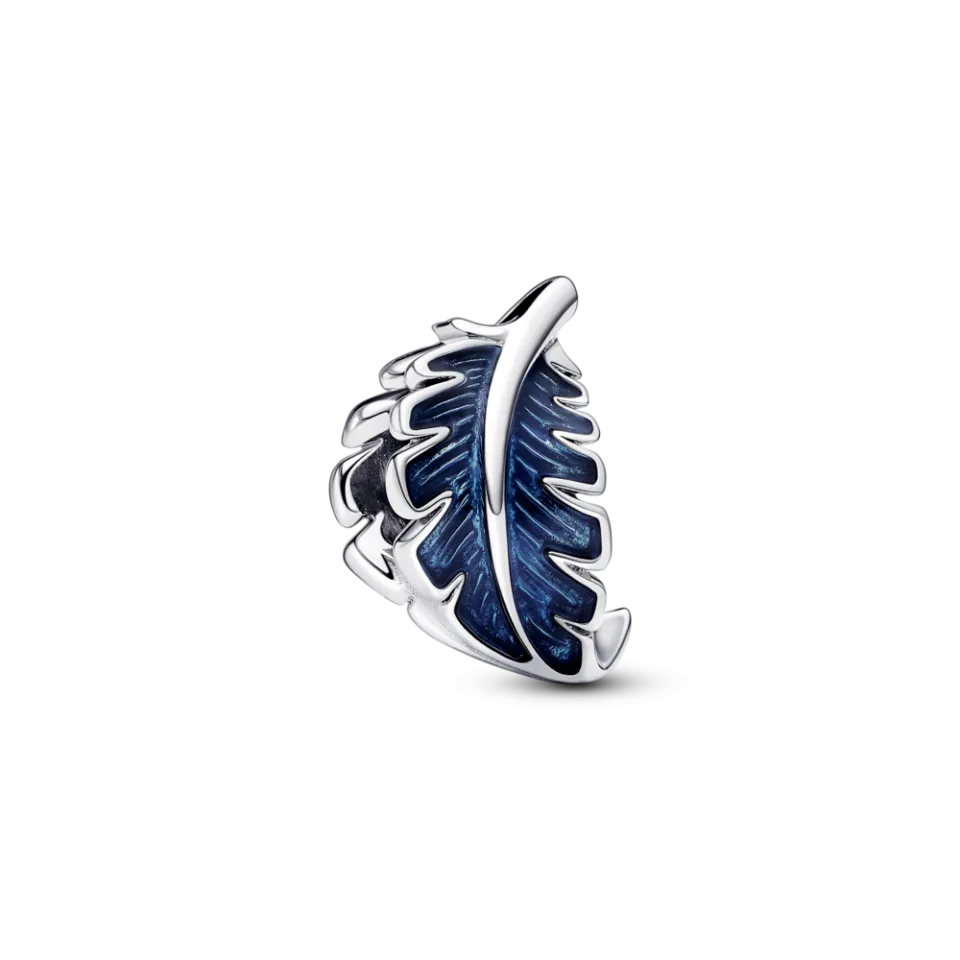 Срібна намистина Pandora  Синє вигнуте пірʼячко