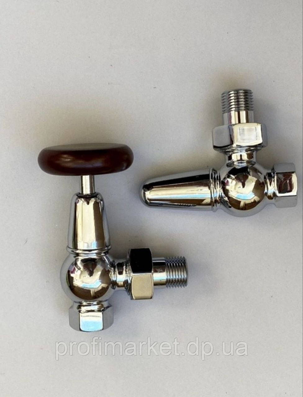 Комплект ретро кранів для під'єднання радіатора 1/2" кутовий хром, фото 1