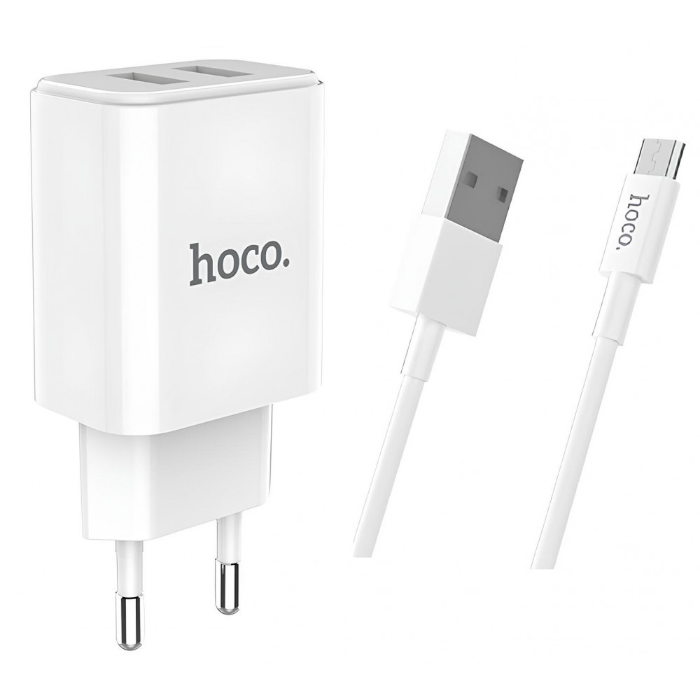 Home Charger 2.1A 2U Micro Cable (1m) Hoco C62A White, фото 1