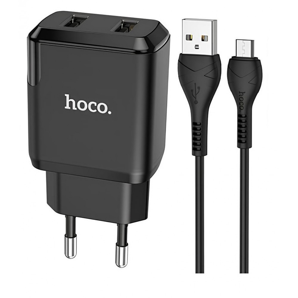 Home Charger 2.1A 2U Micro Cable (1m) Hoco N7 — Black, фото 1