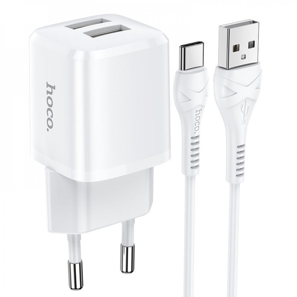 Home Charger 2.4A 2U USB C Cable (1m) Hoco N8 — White, фото 1