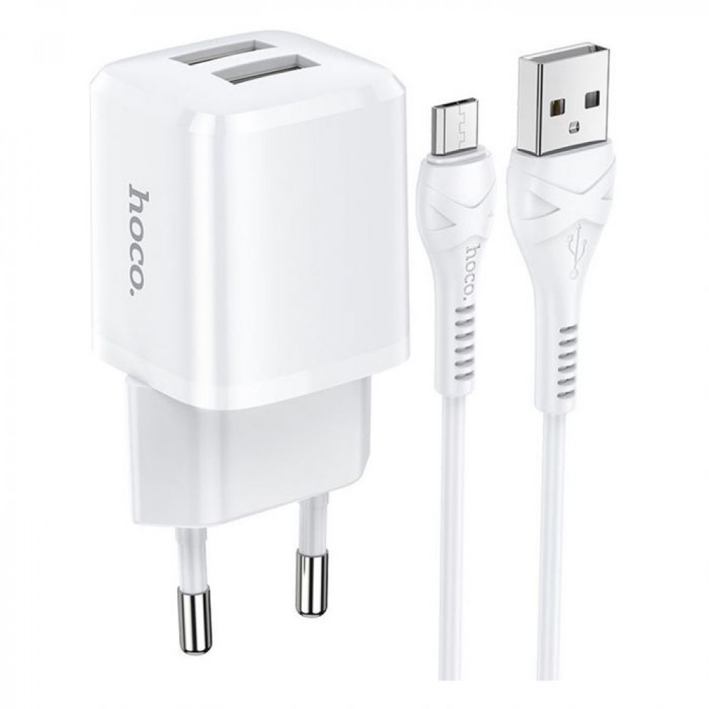 Home Charger 2.4A 2U Micro Cable (1m) Hoco N8 — White, фото 1