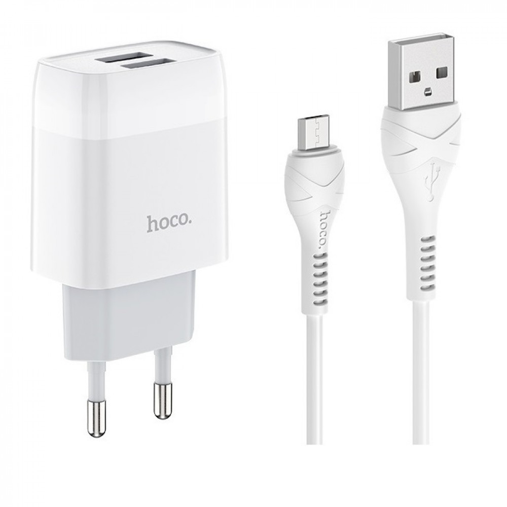 Home Charger 2.4A 2U Micro Cable (1m) Hoco C73A — White, фото 1
