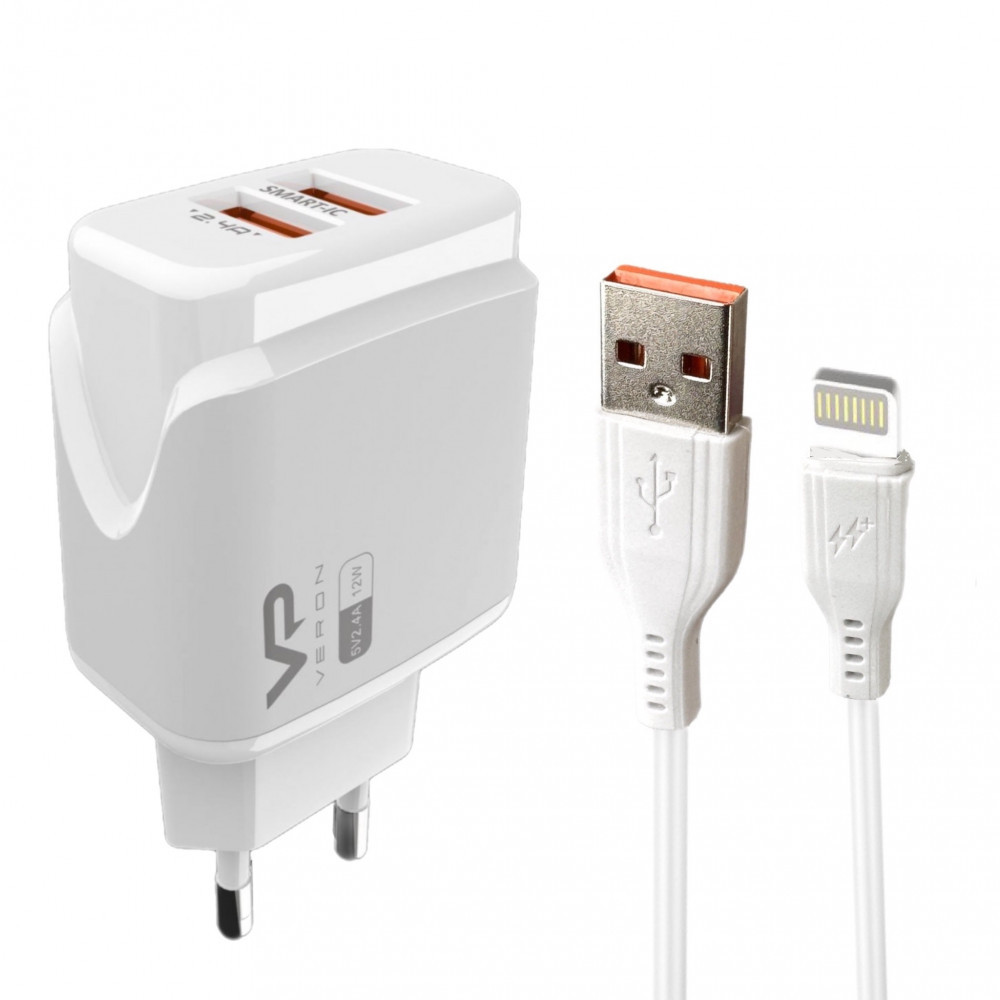 Home Charger 2.4A 2U Lightning Cable (1m) Veron VR-C12L — White, фото 1