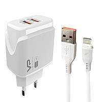 Home Charger 2.4A 2U Lightning Cable (1m) Veron VR-C12L — White