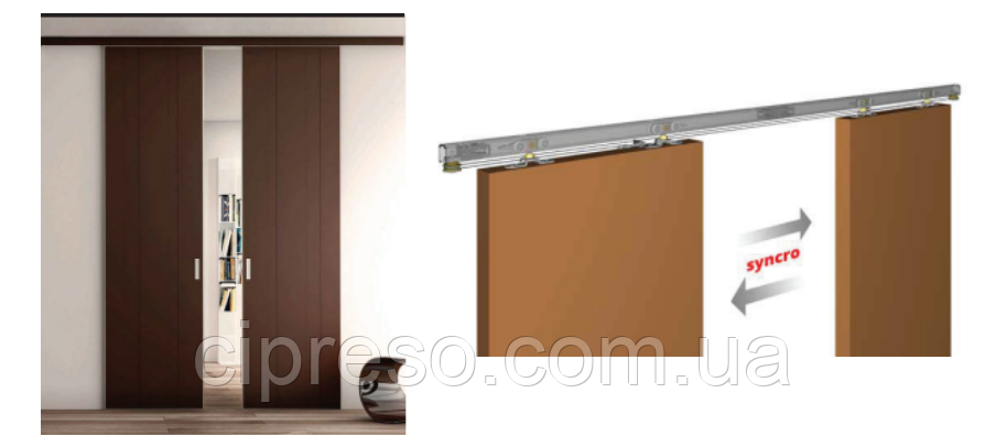 Комплект розсувної системи VILLES для великих проємів з синхронним відчиненням для двох полотен, фото 1