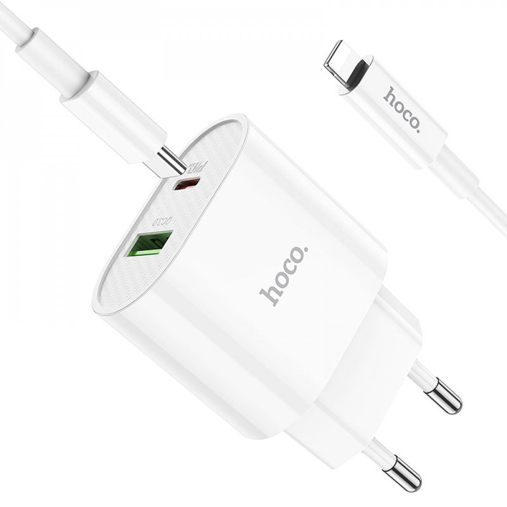 Home Charger 20W PD QC3.0 C to Lightning Cable (1m) Hoco C95A — White, фото 1