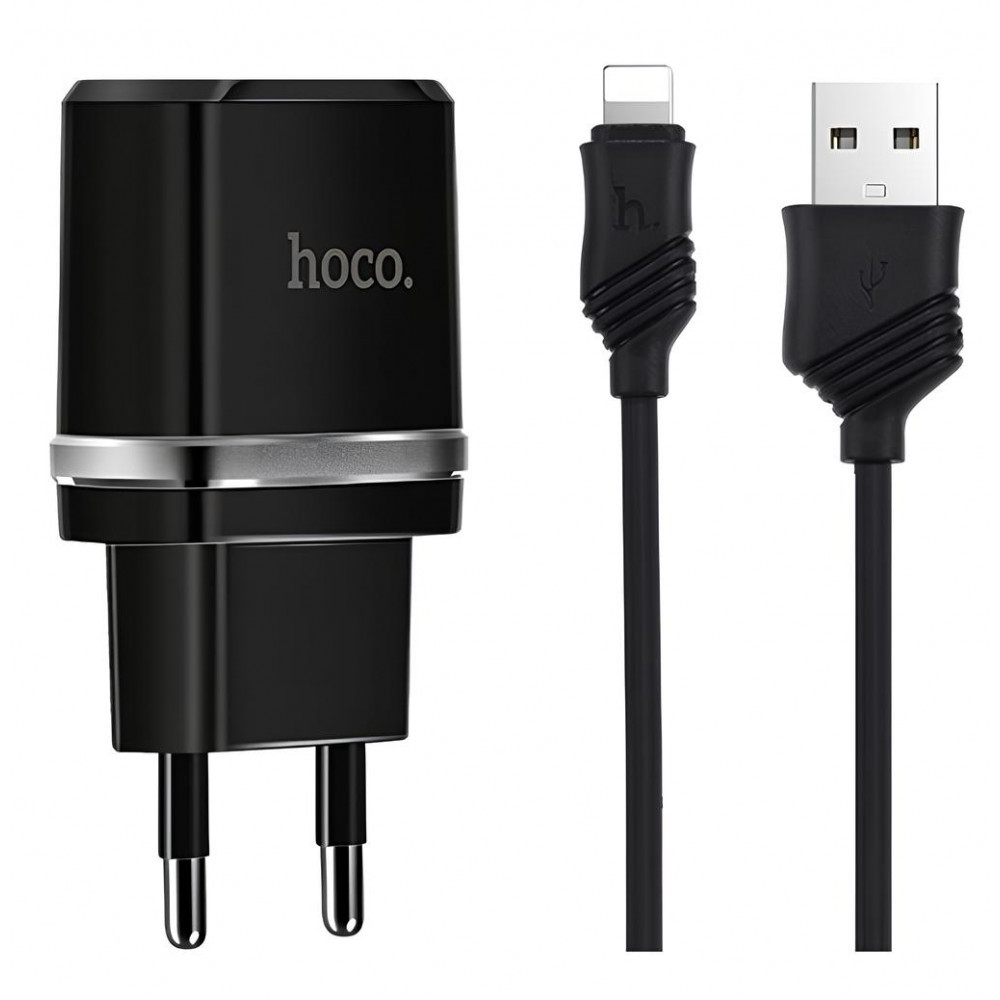 Home Charger 2.4A 2U Lightning Cable (1m) Hoco C12 Black — Black, фото 1