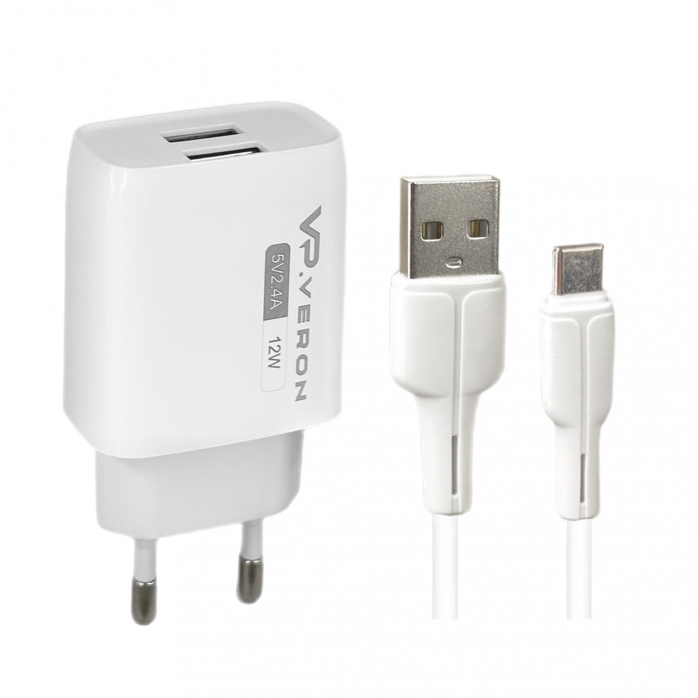 Home Charger 2.4A 2U USB C Cable (1m) Veron AC62C, фото 1