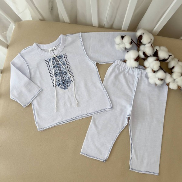 Костюм для хрещення "Український" хлопчик кулір зріст 62 см (1 – 3 місяці) Betis Білий з блакитним, фото 1